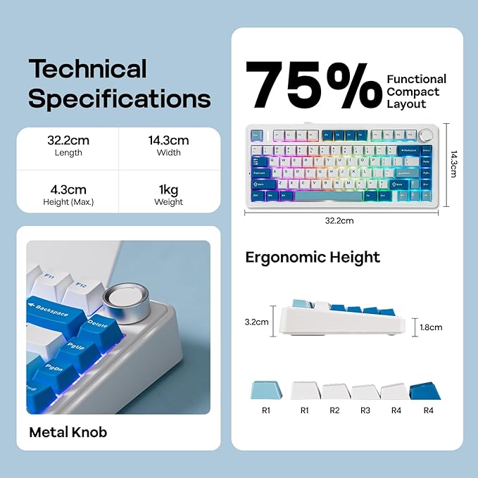 EPOMAKER x Aula F75 Ultra Wireless Gaming Keyboard with Knob, 10000mAh, Hot Swap, RGB, PBT Keycap, Creamy Sound, VIA, 75% Mechanical Keyboard for Win/Mac (Blue, Pink Mint)
