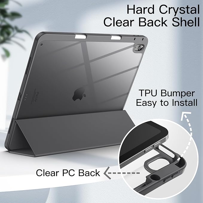 JETech Case for iPad Air 13-Inch M4/M3/M2 (2026/2025/2024) with Pencil Holder, Clear Transparent Back Shell Slim Stand Shockproof Tablet Cover, Auto Wake/Sleep (Space Gray)
