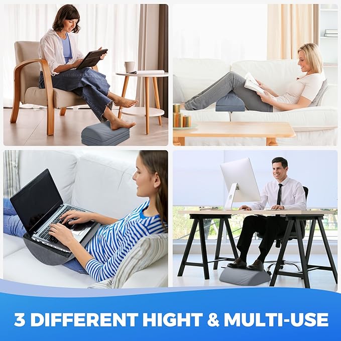 Foot Rest for Under Desk at Work with 3 Adjustable Heights Foam Under Desk Footrest with Washable Cover,Foot Stools for Office,Home and Car,Grey