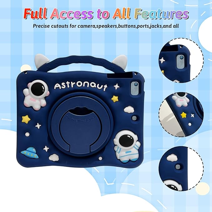 Dteck for iPad Pro 11 Case 2022/2021/2020/2018,iPad Air 5/4 Case,Cute Cartoon 3D Unique Rotating Handle Stand Shoulder Strap Soft Silicone Funda Rugged Shockproof Protective Kid-Proof Case,Astronaut