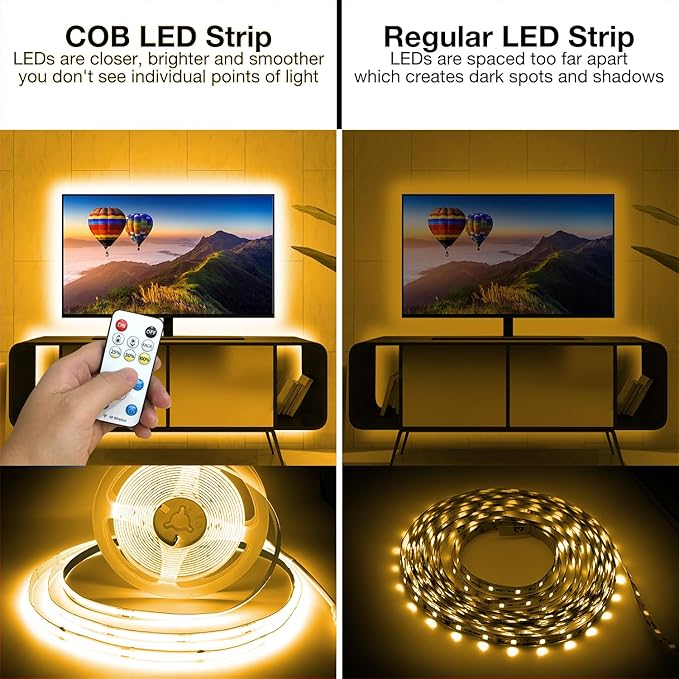 DAYBETTER COB LED Strip Light,LED Lights 32.8ft,Warm White 3000K Dotless Strip Lights,3200 LEDs Super Bright Dimmable 24V Flexible Tape Lights with Remote and App,for Bedroom,Kitchen,Cabinets Lighting