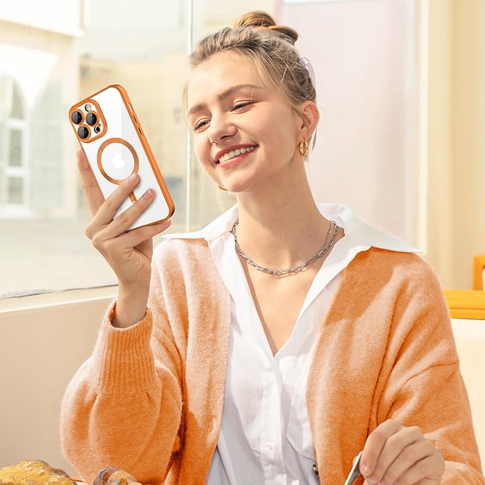 Hython Magnetic Clear for iPhone 14 Pro Case with Camera Lens Protector [Compatible with MagSafe] Luxury Plating Edge Slim Soft TPU Cover Protective Phone Case for iPhone 14 Pro 6.1", Matte Orange