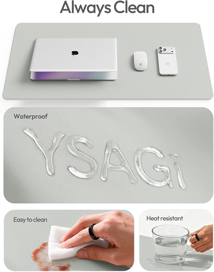 YSAGi Leather Desk Protector, Office Mat, Large Mouse Mat, Non-Slip PU Leather Blotter, Laptop Desk, Waterproof Writing Pad for Office and Home (Light Grey, 47" x 17")