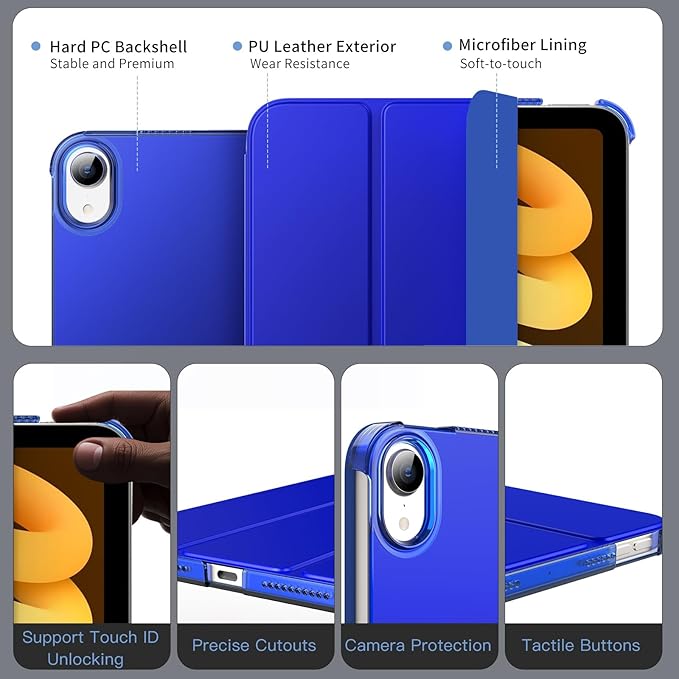MoKo for iPad mini 7 (A17 Pro) Generation Case 2024, iPad mini 6 Case 2021, 8.3-inch Slim Lightweight Protective Hard Back PC Shell Stand Cover Support Touch ID, Auto Wake/Sleep, Klein Blue