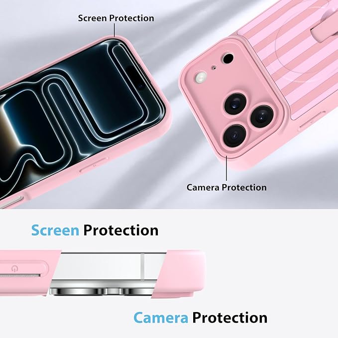 KANGHAR Compatible with iPhone 17 Pro Max Case, Support for MagSafe, Silicone Stripes Cute Pattern, Wristband Kickstand Camera Protection Soft Slim Cover for Girls Women -Pink