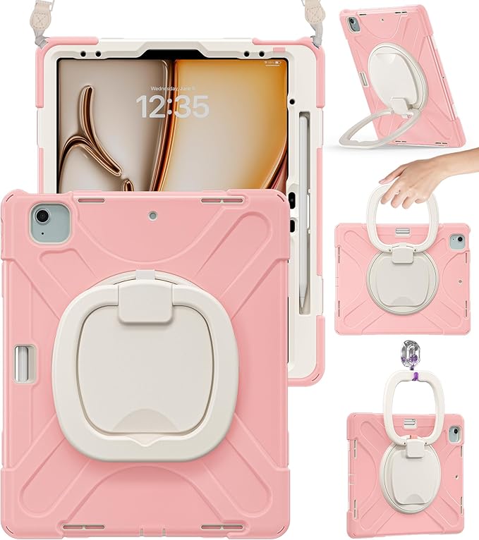 BRAECN for iPad Air 13 Kids Case M4 2026/M3 2025/M2 2024 & iPad Pro 12.9 Case (6th/5th4th/3rd Gen), Heavy Duty Silicone Cover with 360 Swivel Ring Kickstand/Shoulder Strap/Pencil Holder, Sakura Pink