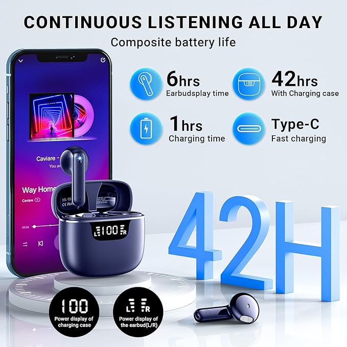 Wireless Earbuds, Bluetooth 5.4 Headphones with 42H Ultralight Ear Buds, Bluetooth Earbuds with 4 ENC Noise Cancelling Mics, HiFi Deep Bass Dual LED Display USB-C, IPX6 Waterproof Earphones Blue