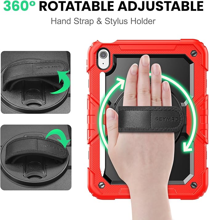 SEYMAC Case for iPad (A16) 11th/10th Generation 2025/2022 (11″/10.9″), Sturdy Heavy Duty Full-Body Shockproof Protective Case with Screen Protector, Rotating Stand, Hand/Shoulder Strap, Black/Red