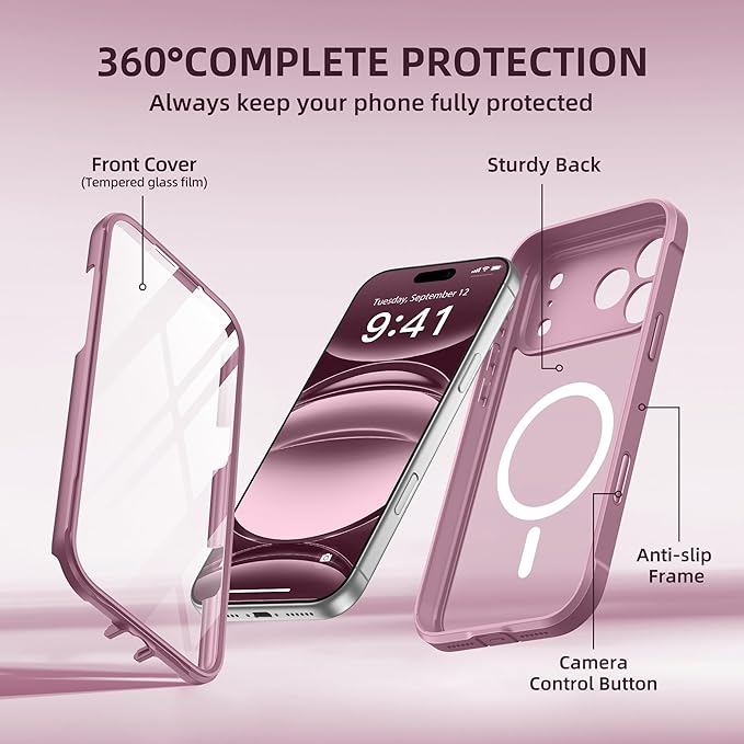 BERFY for iPhone 17 Pro Max Case, Compatible with MagSafe, Built-in Glass Screen Protector, Camera Protection, Shockproof Full Body Phone case 6.9", Translucent Palevioletred