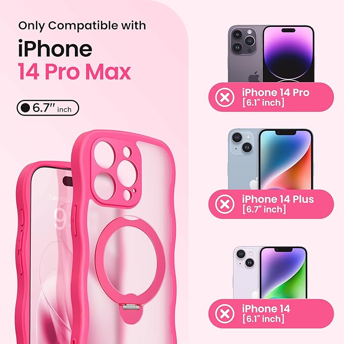 CAPRARO for iPhone 14 Pro Max Case with 360° Spin Magnetic Stand for Women, [Compatible with MagSafe] [Full Camera Protection] Cute Wave Translucent Matte Case for iPhone 14 Pro Max, Hot Pink