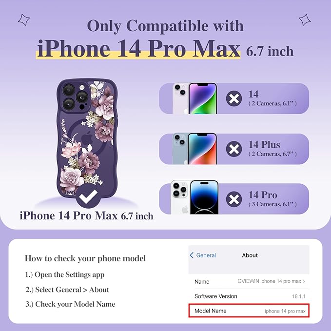 GVIEWIN for iPhone 14 Pro Max Case Compatible with MagSafe [Curly Wave Edge][Full Camera Protection] Floral Translucent Shockproof Magnetic Women Phone Case for 14 Pro Max, Cherry Blossoms/Deep Purple
