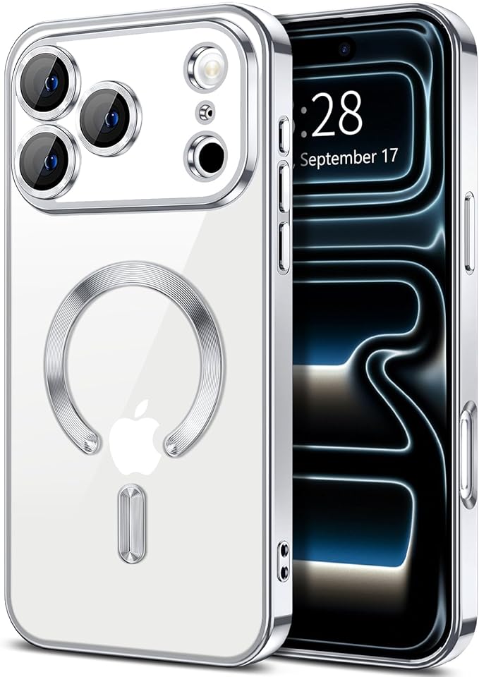 Hython Magnetic Clear for iPhone 17 Pro Case with Camera Lens Protector [Compatible with MagSafe] Luxury Plating Edge Slim Soft TPU Cover Protective Phone Case for iPhone 17 Pro 6.3", Silver