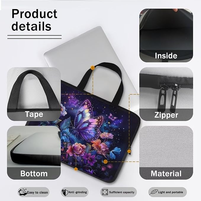 Purple Butterfly Floral 15 Inch Laptop Sleeve, Protector Laptop Case Tote Bag, Women Computer Cover with Zipper Work Travel Handbag Tablet Carrying Shoulder Bag for School Business