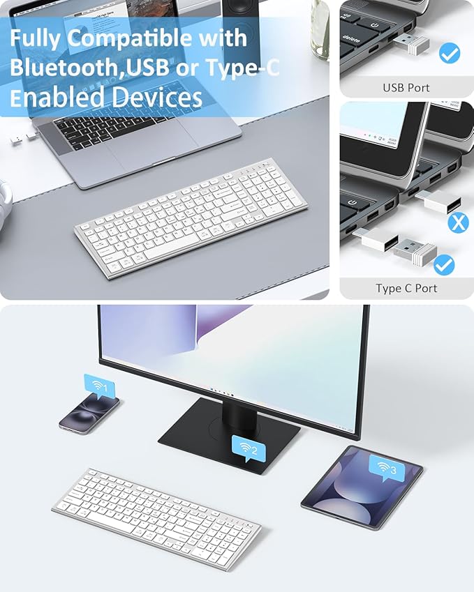 FENIFOX Wireless Keyboard, Bluetooth & 2.4G USB & USB-C Rechargeable Silent Ultra Quiet Low Profile Compact Full Size with Number Pad Soft Multi Device for Mac MacBook Windows PC - White & Silver