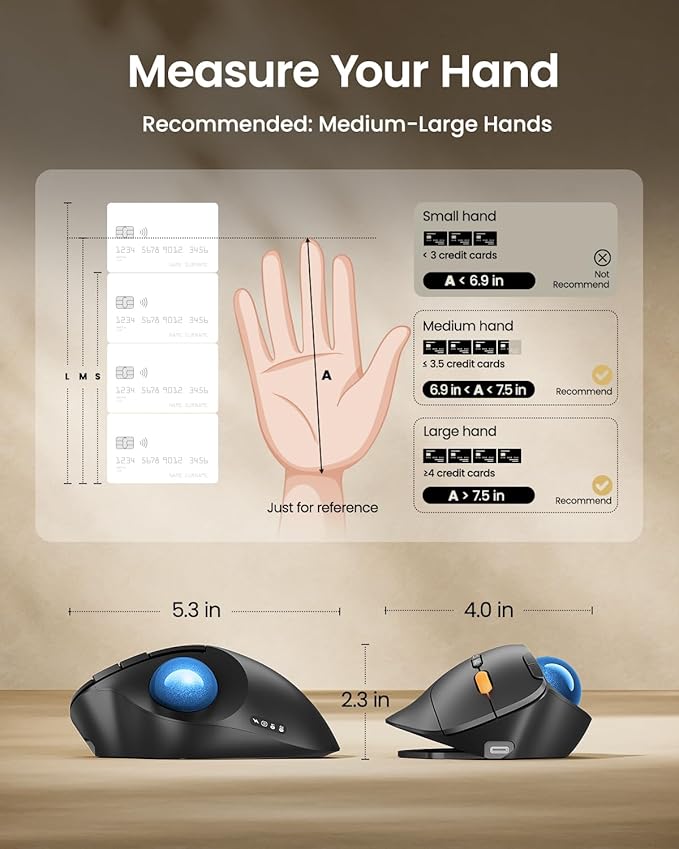 ProtoArc Wireless Bluetooth Trackball Mouse, EM02 Two Adjustable Angle Ergonomic Rechargeable Computer Ball Mouse, 3 Device Connection, Thumb Control and Smooth Tracking for Laptop, PC, Mac-Blue