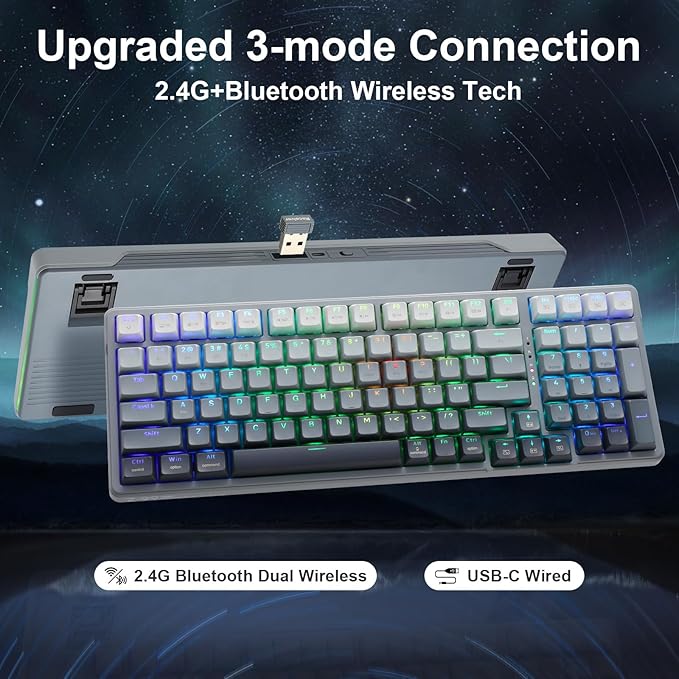 E-YOOSO Wireless Bluetooth Mechanical Keyboard, 99 Keys Wired Gaming Keyboard RGB Backlit, Hot Swappable Pre-lubed Linear Switches, Gasket Soundproof Foam, Office Work Keyboard, Gradient Gray