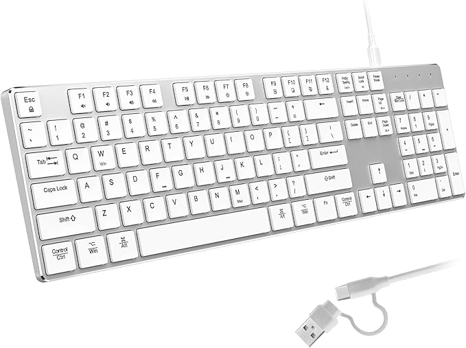 POWZAN Wired Backlit Keyboard for Windows/Mac,Aluminum Slim & Quiet Full Size Keyboards Light Up with USB A/USB C Dual Interface,Compatible with iMac,MacBook,iPad,Laptop,PC-Gray Black (Sliver White)