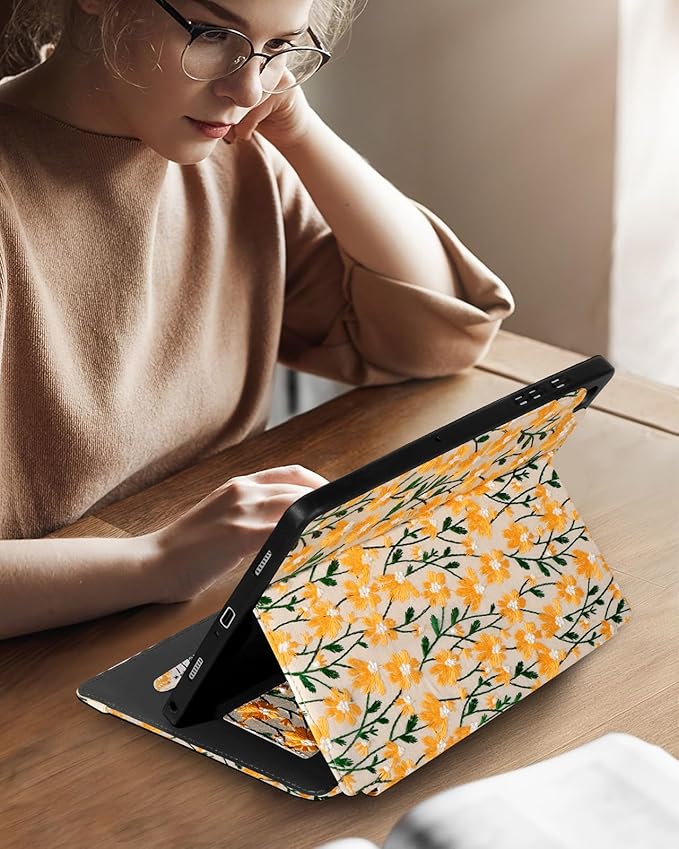 Uppuppy for Samsung Galaxy Tab A9 Plus Case 11'' - for Women Girls Cute Embroidered Folio Stand Cover with Pencil Holder & Card Slot Girly Yellow Daisy Design Aesthetic Cases for Samsung Tab A9 Plus