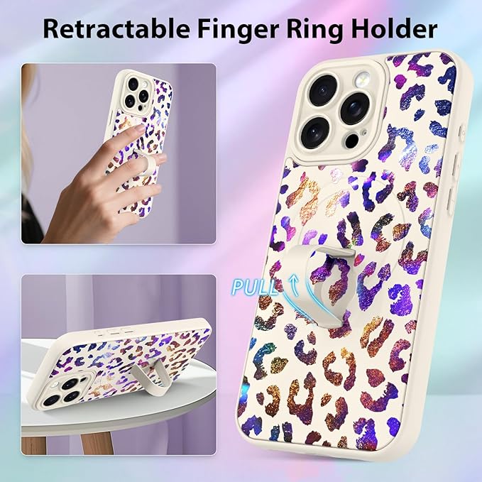 KANGHAR Compatible with iPhone 16 Pro Case, Support for MagSafe, Silicone Cute Iridescent Leopard Cheetah Pattern, Wristband Kickstand Shockproof Protective Slim Cover for Women Girls, White
