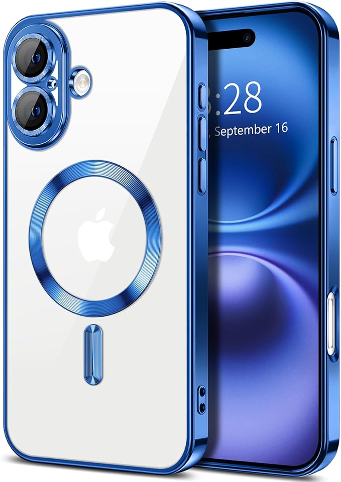 Hython Magnetic Clear for iPhone 16 Case with Camera Lens Protector [Compatible with MagSafe] Luxury Plating Edge Slim Soft TPU Cover Protective Phone Case for iPhone 16 6.1", Deep Blue