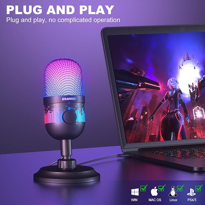 Aokeo USB Gaming Microphone, Condenser Microphone for PC/MAC/PS4/PS5/Phone-Cardioid Mic with RGB Lighting