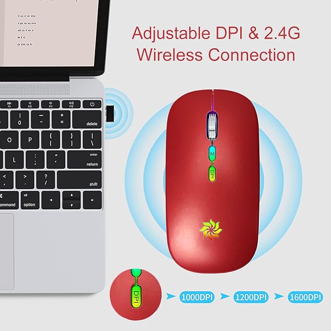 KBCASE LED Wireless Mouse Slim Silent Mouse 2.4G Rechargeable Wireless Computer Mouse Wireless Mouse for Laptop, MacBook, iPad, Chromebook, with USB & Type-c Receiver
