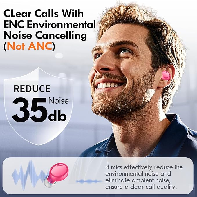 Lanteso True Wireless Bluetooth 5.4 Earbuds, 48H Playtime,Light Weight Headphones in Ear Buds Built in Mic Headset Premium Sound with Deep Bass,Clear Calls Earphones for Sports Workout Hot Pink