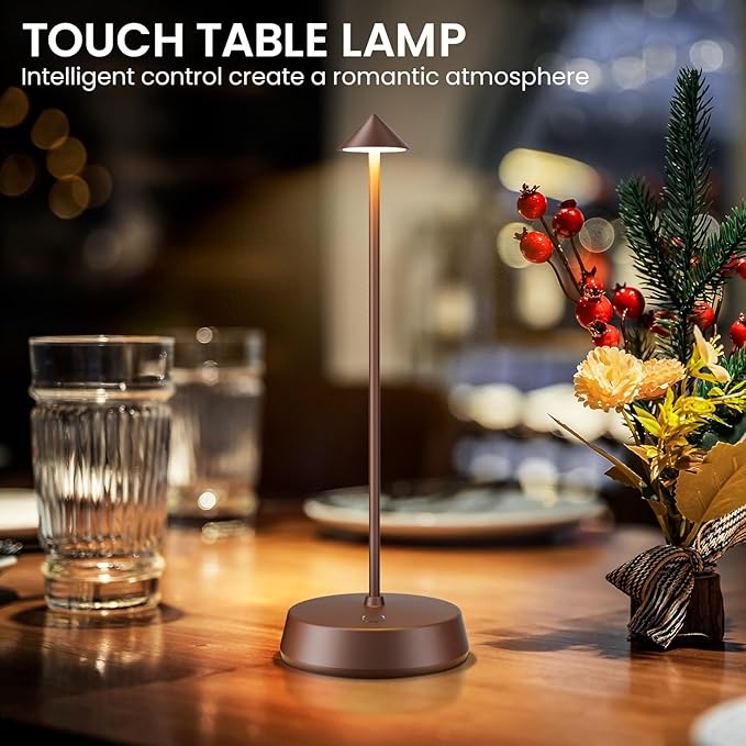 Rechargeable Cordless Small Table Lamp,6000mAh Battery Operated,LED Touch Dimmable Modern TableTop,Portable Outdoor Wireless Bedside Night Light for Restaurant/Dining/Bedroom/Living Room/Coffee(Brown)