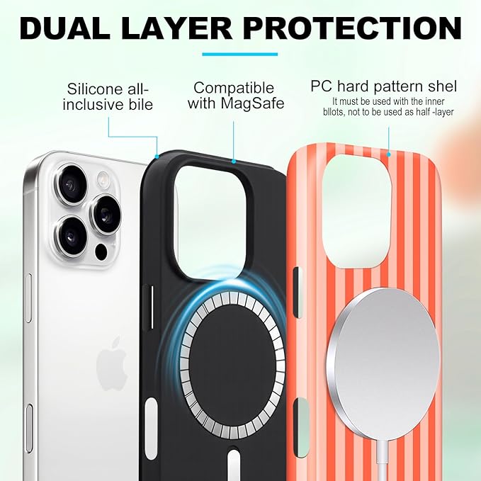 Magnetic for iPhone 13/14 Case Cute Stripes Phone Case, Shockproof Slim TPU and Hard PC Protective Phone Cover Compatible with MagSafe Designed for Women Girls, Deep Orange