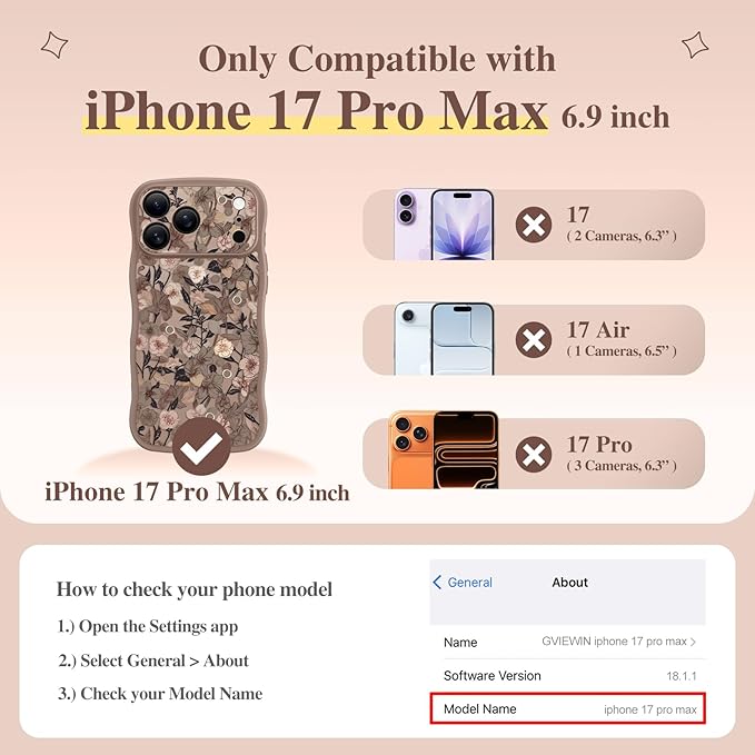 GVIEWIN for iPhone 17 Pro Max Case Compatible with MagSafe [Curly Wave Edge][Full Camera Protection] Floral Translucent Shockproof Magnetic Women Phone Case for 17 Pro Max, Apricot Blossom/Brown
