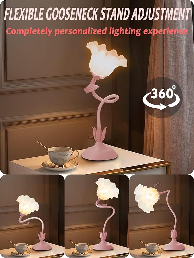 AQDZCNF Flower Table Lamp,LED Reading Light Bedside Vintage Flower Night Light,3 Colors Modes Kawaii Bedside Lamps Decor,Living Room Bedroom Room Lighting Table Lamps Home Decoration (Pink)
