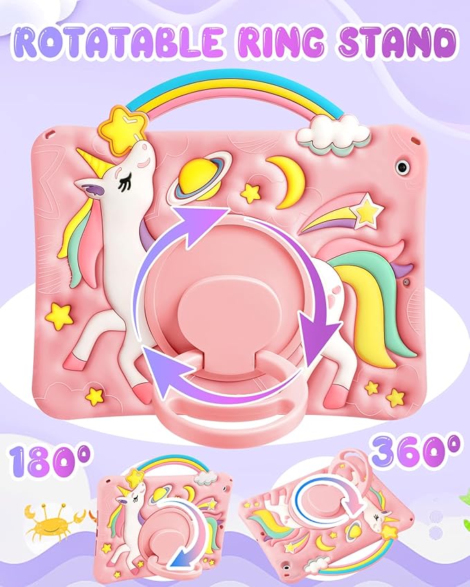 Boaretiu for iPad 9th/8th/7th Generation Case 10.2 Inch 2021/2020/2019 - Cute Cartoon Unicorn Soft 3D Silicone Case with Strap & Rotating Stand for Girls Teens Tablet Cover for iPad 9/8/7