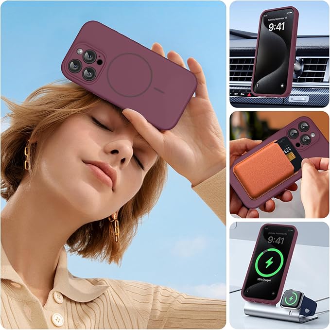 Miracase Magnetic for iPhone 15 Pro Case, [Soft Anti-Scratch Microfiber Lining], Magnetic for MagSafe, Liquid Silicone Shockproof Drop Protection Phone Case for 15 Pro, Wine Red
