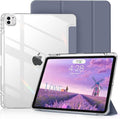 Clear Case for iPad Pro 12.9 inch 6th/5th/4th/3rd Gen with Pencil Holder [Support Pencil Charging] Auto Wake/Sleep, Lightweight Shockproof Trifold Stand Transparent Hard PC Back Cover, Purple-2