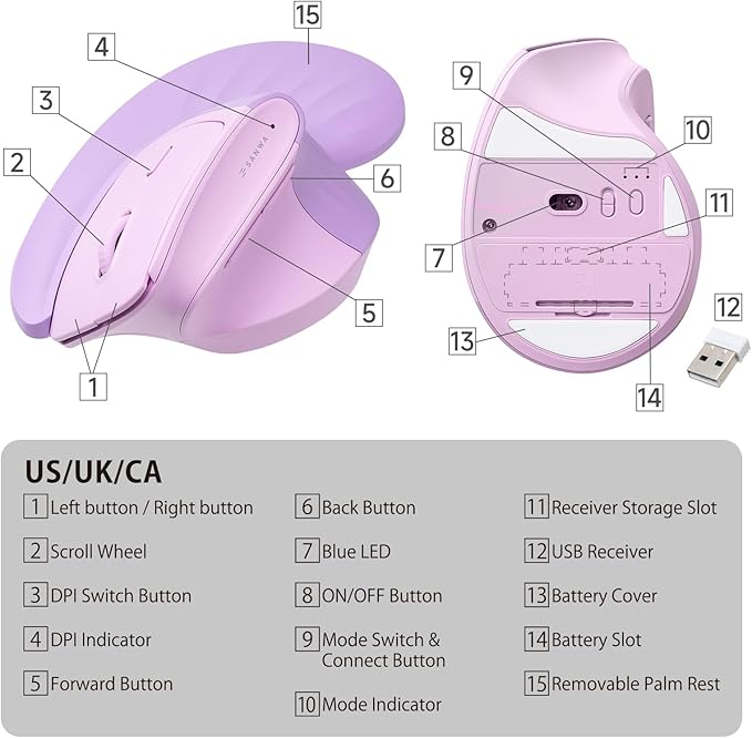 SANWA Wireless Ergonomic Mouse for Large Hands, Silent Click Vertical Mice with Removable Wrist Rest, 1000-4000 DPI, 3-Device (2.4G + 2 Bluetooth 5.4), Compatible with Mac, Windows, Laptop, PC, Purple