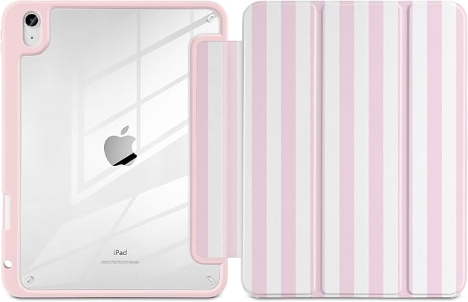Case for iPad Air 13 inch 2026 M4 2025 M3 2024 M2 Release with Pencil Holder - Cute Pink White Striped Trifold Cover with Clear Back Auto Sleep, Aesthetic Soft Protective Skin for Girls Women