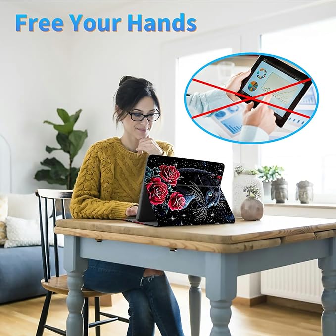 for All-New 6" Kindle 11th Generation 2024/2022 Release E-Reader Case, Slim Kickstand Stand Leather Smart Cover with Auto Wake/Sleep, Red Rose Cat Black