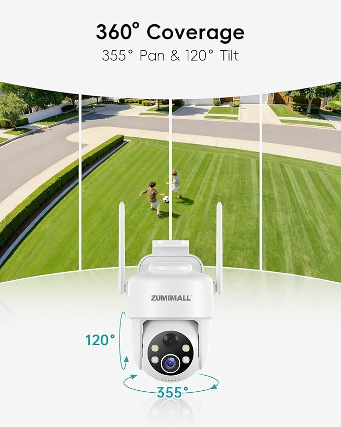 ZUMIMALL 2K Solar Security Cameras Wireless Outdoor 2-Pack, 360° PTZ Camera for Home Security with Color Night Vision, Flexible Mount, PIR Motion, 2-Way Talk, Free Cloud Storage, Work with Cloudedge