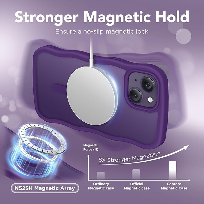 CAPRARO Cute for iPhone 13 Case & iPhone 14 Case, Compatible with MagSafe, [Curly Wave Edge] [Camera Protection] [14 FT Drop Protection] Magnetic for iPhone 13/14 6.1 Inch, Deep Purple