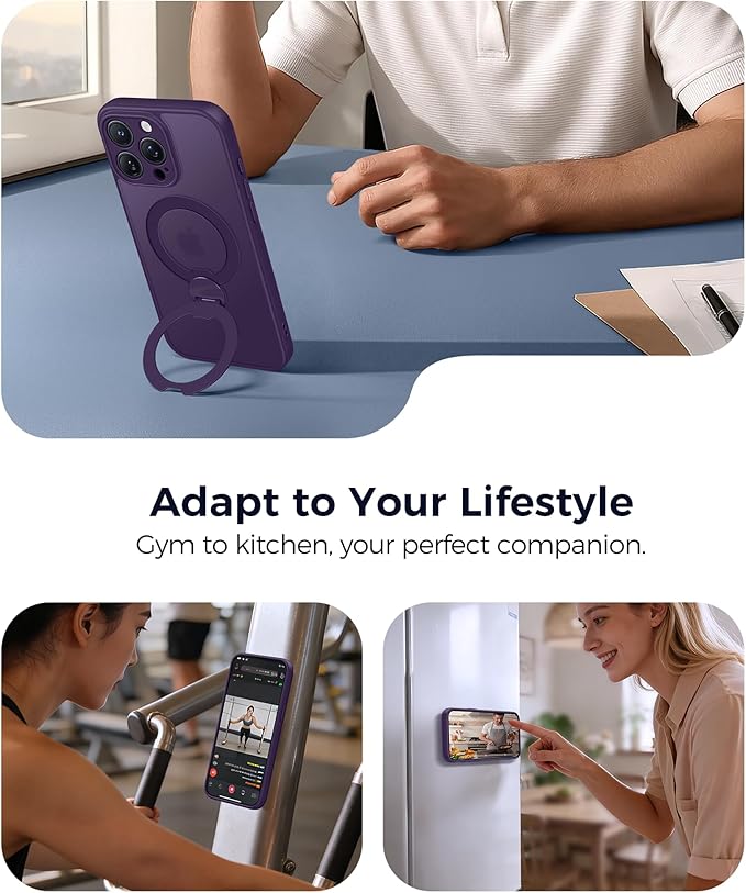 FNTCASE for iPhone 15 Pro-Max Case: [360 Spin Magnetic Stand] [Compatible with Magsafe] [Screen Protector] Translucent Matte Military Grade Shockproof Full Camera Protective Phone Cover - Purple