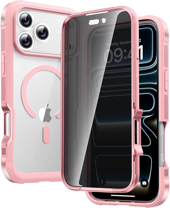Diaclara Magnetic Designed for iPhone 17 Pro Case 6.3'' [Full Camera Protection] Full Body Bumper,[Compatible with MagSafe] Phone Case w/Built-in Privacy Screen Protector,Pink