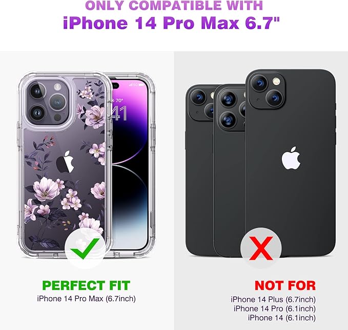 Diaclara Designed for iPhone 14 Pro Max Case 6.7’’, Full Body Rugged Phone Case w/Built-in Sensitive Anti-Scratch Screen Protector+9H Tempered Glass Camera Lens Protector(Clear Flower)
