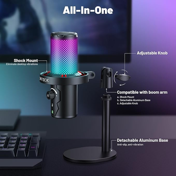 CMTECK USB Microphone for PC Gaming, Condenser Gaming Microphone with Quick Mute, RGB Indicator, Plug and Play, Desk Podcast Mic for Recording, YouTube, Streaming, Compatible with PS4/5/PC (Black)