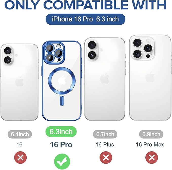 Hython Magnetic Clear for iPhone 16 Pro Case with Camera Lens Protector [Compatible with MagSafe] Luxury Plating Edge Slim Soft TPU Cover Protective Phone Case for iPhone 16 Pro 6.3", Deep Blue
