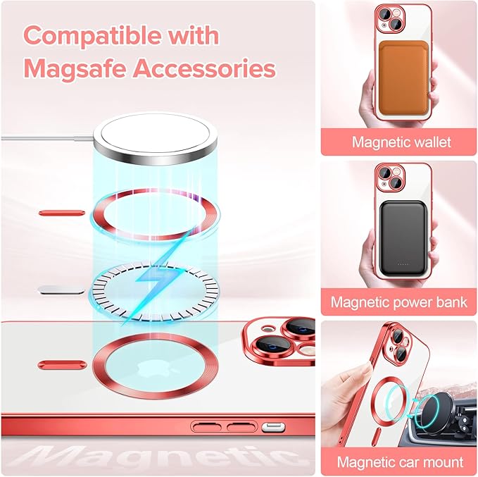 Hython Magnetic Clear for iPhone 15 Case with Camera Lens Protector [Compatible with MagSafe] Luxury Plating Edge Slim Soft TPU Cover Protective Phone Case for iPhone 15 6.1", Red