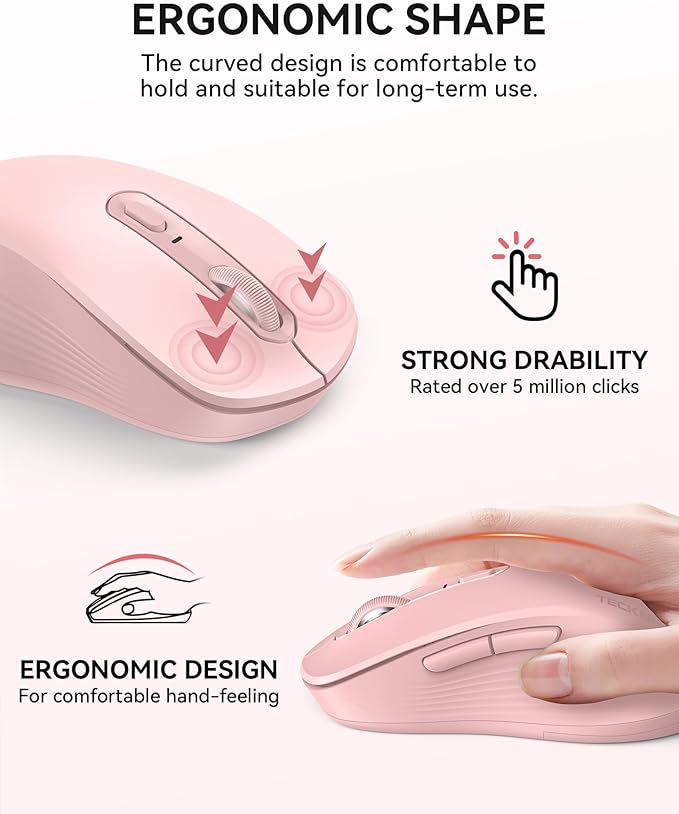 TECKNET Bluetooth Mouse, [ USB + BT1 + BT2 ] Wireless Mouse for Laptop, Silent Click, Ergonomic Design, 4800 DPI Computer Mice Wireless, Dual Mode for Laptop, Computer, iPad, MacBook