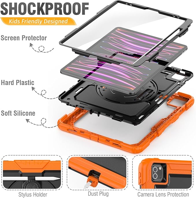 HXCASEAC Case for iPad Pro 12.9 Case (6th 5th 4th 3rd Generation), Shockproof Design | Pencil Holder | Hand Strap | Screen Protector | Heavy Duty Protective iPad 12.9 inch 2022/2021/2020/2018, Orange