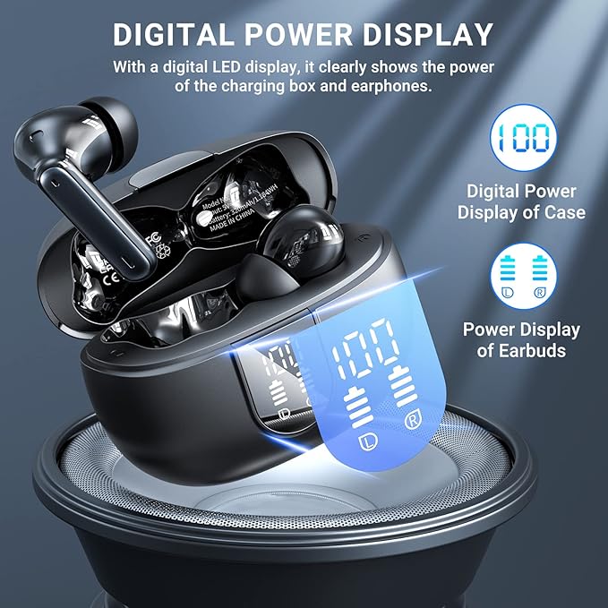 Wireless Earbuds, 2024 Wireless Headphones HiFi Stereo Earphones with 4 ENC Noise Canceling Mic, 42Hs Playtime In Ear Earbud, Bluetooth 5.3 Sport Earphones with LED Power Display for Android iOS Black