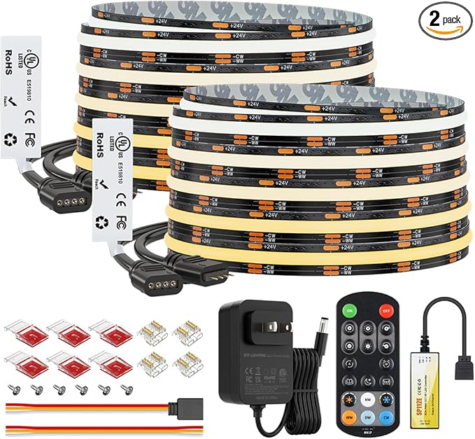 BTF-LIGHTING FCOB COB CCT 24VDC LED Strip Kit UL Listed Flexible High Density 640LED/m 32.8FT RF Remote Controller Tunable CT 2700K-6500K CRI90+ for Bedroom Kitchen Under Cabinet Indoor