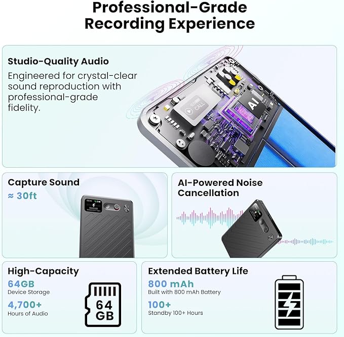 AI Voice Recorder, AI Transcription & Summary, APP Control AI Note Taking Device Supports 132+ Languages, 100H 64GB Memory, Magnetic Audio Recorder for Lectures, Learning, Meetings, Calls, Black